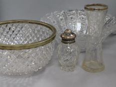 A Dutch white metal-mounted glass toilet bottle (a.f), a cut glass bowl and vase with plated rims