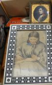 Florence Pedder, watercolour of a girl, two damascus ware pictures frames and sundries, 16 x 10cm