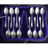 A cased set of twelve late Victorian silver teaspoons & tongs, Atkin Brother, Sheffield, 1894.