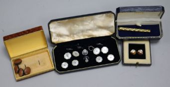 A pair of 9ct gold dress studs, a gilt metal dress stud set, a tie pin and a pair of silver and