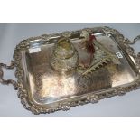 A silver plated tray, a brass bracket and a bell