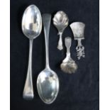 Three silver caddy spoons including one Newcastle and a pair of tablespoons