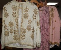 Two 1950's beaded evening cardigans and a pink lace and beaded dress