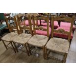 A set of four French provincial fruitwood chairs with string seats and two other chairs (6)