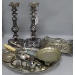 A pair of silver-plated candlesticks with acanthus leaf decoration, two Chilean 900 standard items