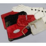A red and black suede evening bags, a pair of black and white gauntlets, a diamonté bag, etc.