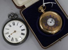 A silver pair cased pocket watch and a gold plated pocket watch.