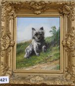 F.M., oil on canvas, Scottish Terrier on a hillside, 18 x 14cm