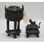 Two Chinese small bronze censers, one with carved pierced hardwood cover and stand, one