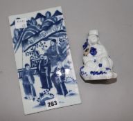 A Chinese blue and white plaque and a Chinese blue and white candlestick