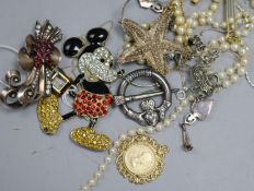 An enamel and paste-set Mickey Mouse brooch and sundry silver and costume jewellery, including