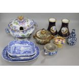 A Japanese pot, Spode vases and a dish, etc.