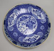 Five 18th century Delft dishes and a Japanese blue and white dish