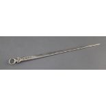 An early George III silver meat skewer by Thomas Dene, with shell terminal, London, 1766, 35.5cm,