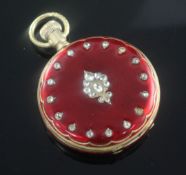 A continental 18ct gold red enamel and rose cut diamond set keyless dress fob watch, with Roman dial