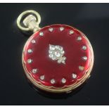 A continental 18ct gold red enamel and rose cut diamond set keyless dress fob watch, with Roman dial
