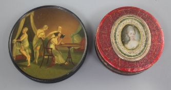 A 19th century Stobwasser style snuff box, decorated with ladies in a dressing room,. 3.75in., and a