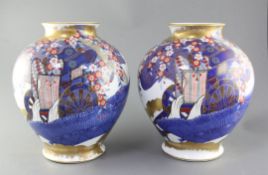 A pair of Japanese Arita ovoid vases, by Fukagawa, 20th century, each decorated with a kakiemon