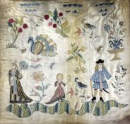 A 17th century English silkwork panel, depicting a lady, gentleman and child, with a peacock,