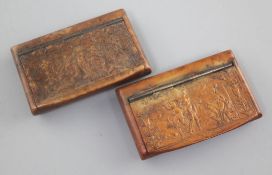 Two 19th century French Bois Durci snuff boxes, each decorated with classical figures, 2.75in.