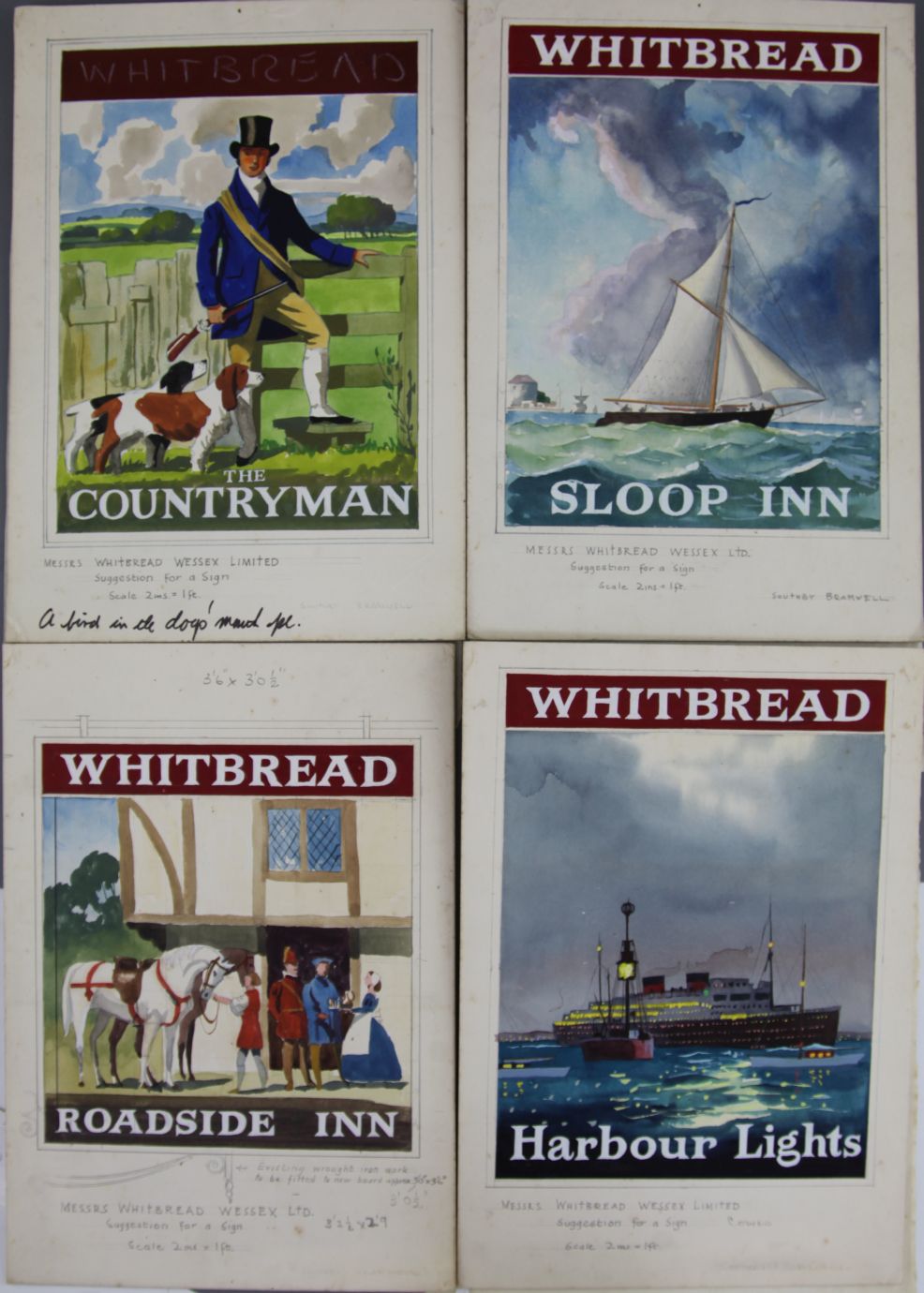 Southey Bramwell. Eight original watercolour and gouache designs for pub signs, principally for