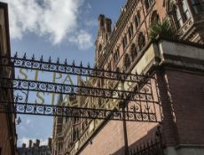 A pair of cast iron gates made from the railing panels at St Pancras Station height 9ft, width 6ft.