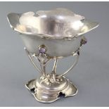 A George V Art Nouveau Scottish silver and amethyst cabochon set tazza, by Elkington & Co, the