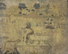 A 17th century silkwork panel, depicting a King and Queen feasting in a landscape, a beheaded body