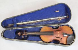 A violin with two piece back, bearing label for Petrus IO.. Mantegalia Mediolani, overall 23.5in.,