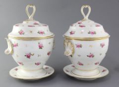 A pair of Derby ice cream pails, liners, covers and stands, c.1810 each painted with pink rose