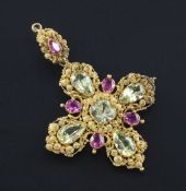 A late Victorian gold, ruby and green chrysoberyl set cross pendant, with cannetile work setting and