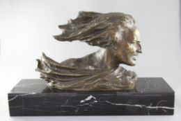 René Varnier. An Art Deco bronze bust 'The Aviator', signed, on variegated black marble plinth,