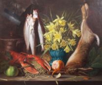 Emily P. Harding (19th C.)pair of oils on canvasStill lifes of fish, game, flowers and