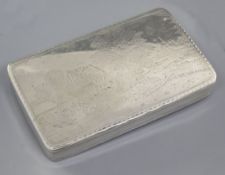 A 19th century continental engraved silver shallow box, engraved with farm scene with distant