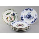 Seven English and Dutch delftware plates and dishes, c.1700-1760, four polychrome painted with