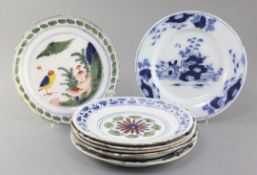 Seven English and Dutch delftware plates and dishes, c.1700-1760, four polychrome painted with