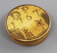 A George III horn snuff box, engraved a woman winding wool and initialled DP 1767, 3in.