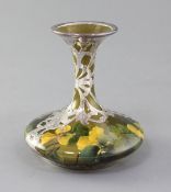 A Rookwood silver overlaid floral vase, c.1900, decorated with green and yellow pansies, and