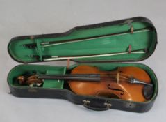 An oversize viola, body 19.25in., cased, with two silver mounted bows