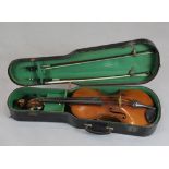 An oversize viola, body 19.25in., cased, with two silver mounted bows