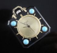 A Van Cleef & Arpels gold, and turquoise mounted black onyx miniature timepiece, with blind dial, of