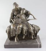 Milo. A bronze group of a mother and child playing a mandolin, signed, on marble plinth, height 17.