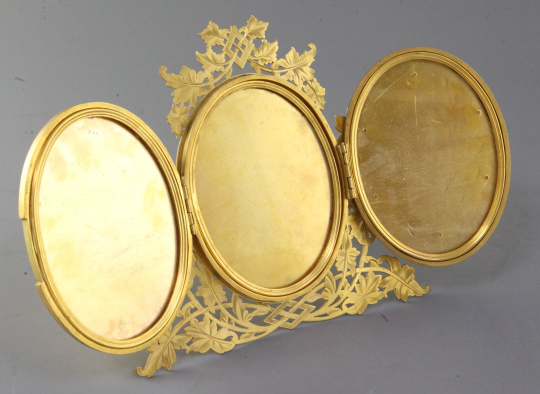 A Victorian agate inset ormolu triptych photograph frame, with strapwork and foliate decoration, - Image 2 of 2