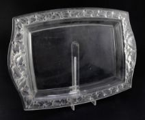 A Lalique Chene pattern oblong tray, post-war, with frosted and clear glass border, engraved mark