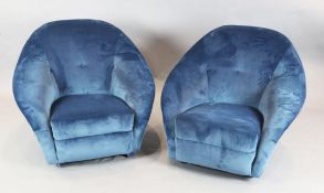 A pair of 1950's Ico Parisi armchairs, later upholstered in blue velvet, W.3ft