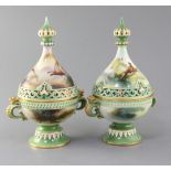 Two Hadley ware tear drop shaped pot pourri, covers and inner covers, c.1900, each decorated with