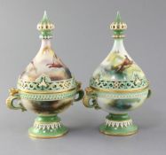 Two Hadley ware tear drop shaped pot pourri, covers and inner covers, c.1900, each decorated with