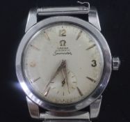 A gentleman's early 1950's stainless steel Omega Seamaster automatic wrist watch, with baton and