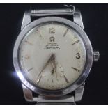A gentleman's early 1950's stainless steel Omega Seamaster automatic wrist watch, with baton and