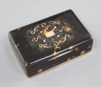 An early 20th century tortoiseshell piqué and gold banded musical box, of plain rectangular form,